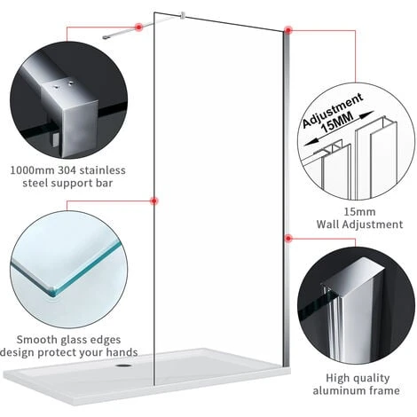 ELEGANT 1100mm Frameless Wet Room Shower Screen Panel 8mm Easy Clean Glass Walk In Shower Enclosure With Stainless Steel Support Bar 7 ELEGANT 1100mm Frameless Wet Room Shower Screen Panel 8mm Easy Clean Glass Walk In Shower Enclosure With Stainless Steel Support Bar - Image 5