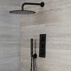 Milano Nero - Modern 2 Outlet Triple Thermostatic Mixer Shower Valve With 300mm Wall Mounted Round Rainfall Shower Head And Hand Shower Handset Kit - Black -Bathroom Supplies Store 15474006 2