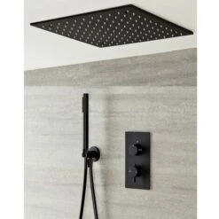Milano Nero - Modern Black Concealed Twin Diverter Thermostatic Mixer Shower Valve With 400mm Square Ceiling Mounted Recessed Rainfall Shower Head And Hand Shower Handset Kit