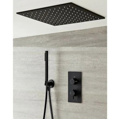 Milano Nero - Modern Black Concealed Twin Diverter Thermostatic Mixer Shower Valve With 400mm Square Ceiling Mounted Recessed Rainfall Shower Head And Hand Shower Handset Kit 3 Milano Nero - Modern Black Concealed Twin Diverter Thermostatic Mixer Shower Valve With 400mm Square Ceiling Mounted Recessed Rainfall Shower Head And Hand Shower Handset Kit