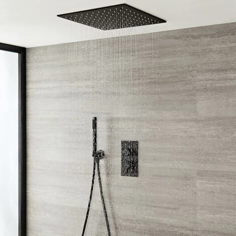 Milano Nero - Modern Black Concealed Twin Diverter Thermostatic Mixer Shower Valve With 400mm Square Ceiling Mounted Recessed Rainfall Shower Head And Hand Shower Handset Kit 4 Milano Nero - Modern Black Concealed Twin Diverter Thermostatic Mixer Shower Valve With 400mm Square Ceiling Mounted Recessed Rainfall Shower Head And Hand Shower Handset Kit - Image 2