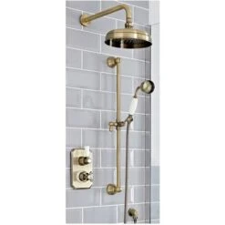 Milano Elizabeth - Traditional 2 Outlet Twin Diverter Thermostatic Mixer Shower Valve With Round Rainfall Shower Head And Riser Rail Kit - Brushed Gold