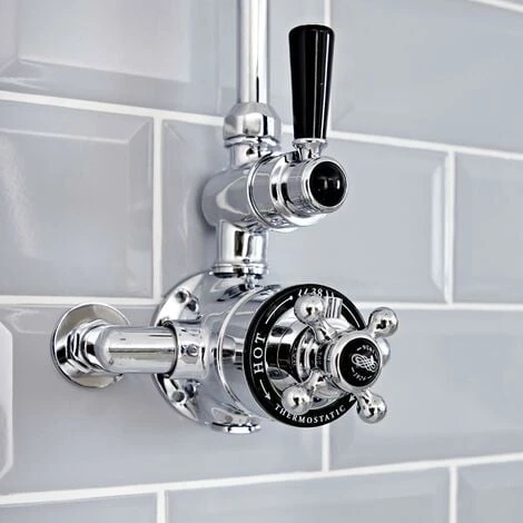 Milano Elizabeth - Traditional Grand Rigid Riser With 1 Outlet Twin Exposed Thermostatic Mixer Shower Valve And Round Rainfall Shower Head - Chrome & Black 5 Milano Elizabeth - Traditional Grand Rigid Riser With 1 Outlet Twin Exposed Thermostatic Mixer Shower Valve And Round Rainfall Shower Head - Chrome & Black - Image 3