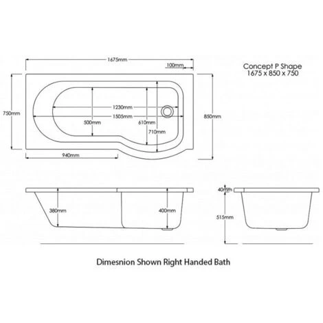Trojan Concert P-Shaped Shower Bath 1675mm X 750mm/850mm Left Handed - No Tap Hole 4 Trojan Concert P-Shaped Shower Bath 1675mm X 750mm/850mm Left Handed - No Tap Hole - Image 2