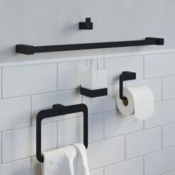 Bathroom WC Set Towel Ring Toilet Roll Holder Robe Hook Black Square Wall Mount -Bathroom Supplies Store 18081006 5