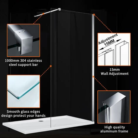 ELEGANT 1200mm Frameless Wet Room Shower Screen Panel 8mm Easy Clean Glass Walk In Shower Enclosure With Support Bar 6 ELEGANT 1200mm Frameless Wet Room Shower Screen Panel 8mm Easy Clean Glass Walk In Shower Enclosure With Support Bar - Image 4