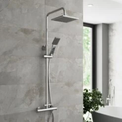Thermostatic Mixer Shower Set Square Chrome Twin Head Exposed