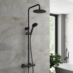 Bathroom Thermostatic Mixer Shower Set Round Matte Black Twin Head Exposed Valve