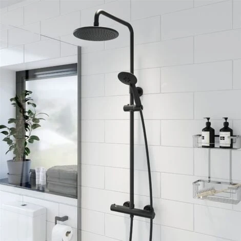Bathroom Thermostatic Mixer Shower Set Round Matte Black Twin Head Exposed Valve 4 Bathroom Thermostatic Mixer Shower Set Round Matte Black Twin Head Exposed Valve - Image 2