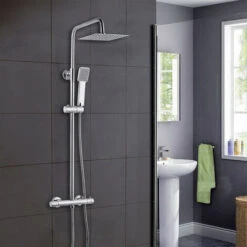 AICA Thermostatic Exposed Shower Mixer Bathroom Twin Head Large Square Bar Set Chrome