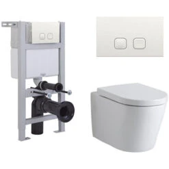 Milano Ballam - White Ceramic Modern Bathroom Wall Hung Round Toilet WC With Short Wall Frame&44 Dual Flush Cistern&44 Soft Close Seat And Flush Plate - Square White Flush Plate