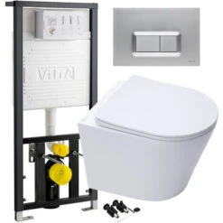 ECO Rimless Wall Hung Toilet, Seat & VITRA WC Cistern Frame Plate - Matt Chrome