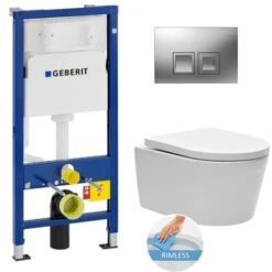 Geberit Toilet Set UP100 Support Frame + Delta35 Matt Chrome Plate + SAT Rimless Suspended Bowl And Invisible Fixings (SATrimlessGeb2)