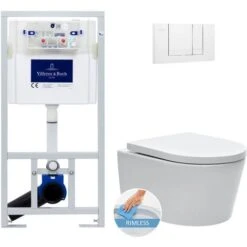 Villeroy & Boch Toilet Set Frame + Swiss Aqua Technologies WC Rimless With Invisible Fixings + White Flush Plate (ViConnectSATrimless-2)