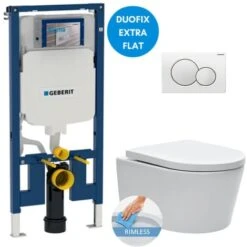 Geberit Toilet Set Frame UP720 Extra-flat + SAT Rimless WC With Invisible Fastenings + Seat + White Plate (SLIM-SATrimless-B)