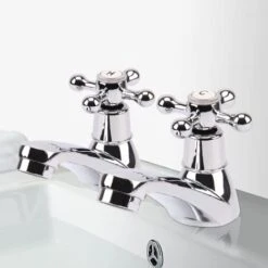 Basin Tap Pair Traditional Bathroom Sink Taps Hot And Cold Water Mixer Tap With Ceramic Disc Technology, Solid Brass Traditional Double Basin Taps For Kitchen Basin Sink Bathroom Washroom -Bathroom Supplies Store 46235825 5