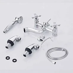 Victorian Traditional Bath Bathtub Mixer Tap With Shower Dual Lever Bathtub Taps Mixer Shower Handset Bathroom Chrome Deck Mounted -Bathroom Supplies Store 46235829 4
