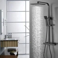 Black Luxury Thermostatic Mixer Brass Diverter Valve Squre Shower Bar Big Head, Adjustable Height Exposed Riser Rail Shower Hose All-in-One Chrome Rainfall Shower Mixer Set