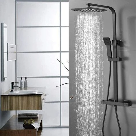 Black Luxury Thermostatic Mixer Brass Diverter Valve Squre Shower Bar Big Head, Adjustable Height Exposed Riser Rail Shower Hose All-in-One Chrome Rainfall Shower Mixer Set 3 Black Luxury Thermostatic Mixer Brass Diverter Valve Squre Shower Bar Big Head, Adjustable Height Exposed Riser Rail Shower Hose All-in-One Chrome Rainfall Shower Mixer Set