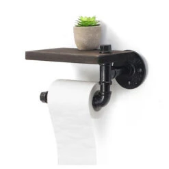 Industrial Urban Style Iron Pipe Toilet Paper Wall Holder Roller With Wood Shelf