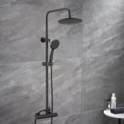 AICA Bathroom Thermostatic Mixer Shower Set Square Black Twin Head Exposed Valve 230mm Black Round