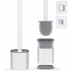 Toilet Brush With Holder, Deep Cleaning Bathroom Flat Flexible Silicone Toilet Brush Set With No-Slip Long Plastic Handle, Wall Mounted & Flooring Quick Dry Hygienic, White