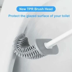 Toilet Brush With Holder, Deep Cleaning Bathroom Flat Flexible Silicone Toilet Brush Set With No-Slip Long Plastic Handle, Wall Mounted & Flooring Quick Dry Hygienic, White -Bathroom Supplies Store 56134239 3