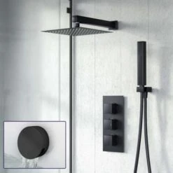 Temel 3-Way Thermostatic Mixer Valve And 200 Mm Square Shower Head, Handheld And Bath Filler Waste Matte Black Set