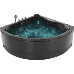 Modern Hot Tub Corner Bathtub Hydro Massage Jets LED Light Black Acrylic Baracoa