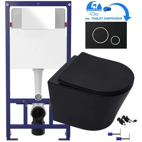 Matt Black Rimless ECO Wall Hung Toilet Pan, Seat & 1.12m Concealed WC 3-in-1 Cistern Frame Inc. Flush Plate 3 Matt Black Rimless ECO Wall Hung Toilet Pan, Seat & 1.12m Concealed WC 3-in-1 Cistern Frame Inc. Flush Plate
