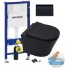 Geberit Toilet Set Duofix Frame + Matt Black SAT Infinitio Rimless WC + Soft Close Seat + Delta 50 Black Plate (BlackInfinitioGeb-7) -Bathroom Supplies Store 58739735 1