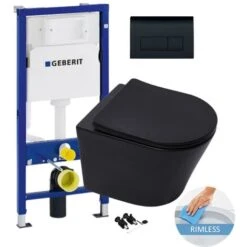 Geberit Toilet Set Duofix Frame + Matt Black SAT Infinitio Rimless WC + Soft Close Seat + Delta 50 Black Plate (BlackInfinitioGeb-7)
