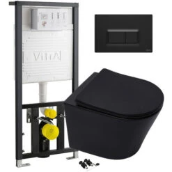 Matt Black Rimless Wall Hung Toilet & VITRA Concealed WC Cistern Frame - Square Plate Set