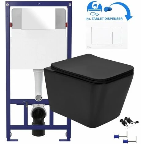 Black Square Rimless Wall Hung Toilet & 1.12m Concealed WC Cistern Frame Set - Gloss White Square Plate 3 Black Square Rimless Wall Hung Toilet & 1.12m Concealed WC Cistern Frame Set - Gloss White Square Plate