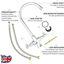 ENKI, Dorchester, KT041, Chrome Polished Brass Dual Flow Kitchen Sink Mixer Tap For Basin, With Twin White Levers Swivel Spout Perfect For Double Bowl Sinks, Easy Safe To Use Drip Free Ceramic Valve 9 ENKI, Dorchester, KT041, Chrome Polished Brass Dual Flow Kitchen Sink Mixer Tap For Basin, With Twin White Levers Swivel Spout Perfect For Double Bowl Sinks, Easy Safe To Use Drip Free Ceramic Valve -Bathroom Supplies Store 69286712 3