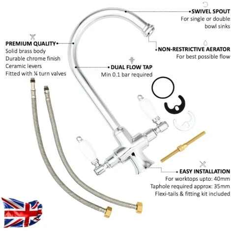 ENKI, Dorchester, KT041, Chrome Polished Brass Dual Flow Kitchen Sink Mixer Tap For Basin, With Twin White Levers Swivel Spout Perfect For Double Bowl Sinks, Easy Safe To Use Drip Free Ceramic Valve 5 ENKI, Dorchester, KT041, Chrome Polished Brass Dual Flow Kitchen Sink Mixer Tap For Basin, With Twin White Levers Swivel Spout Perfect For Double Bowl Sinks, Easy Safe To Use Drip Free Ceramic Valve - Image 3