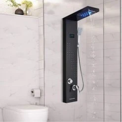 SUGUWORD LED Shower Panel Tower System Black 304 Stainless Steel 5 Function With Rainfall Waterfall Shower Head Massage Jets Hand Shower And Tub Spout Shower System -Bathroom Supplies Store 71582354 3