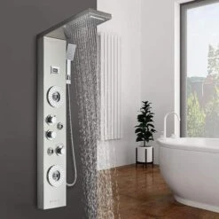 SUGUWORD Shower Panel Tower With 6 Functions Rainfall And Waterfall Shower Back Massage Jets Temperature Display Hand Shower And Bathtub Spout Wall Mounted Shower System Brushed Nickel Stainless Steel