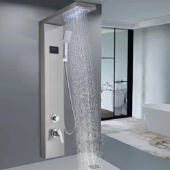 SUGUWORD LED Shower Tower Panel System 304 Stainless Steel 5 Function With Rainfall Waterfall Shower Head Massage Jets Hand Shower And Tub Spout Shower System Brushed Nickel