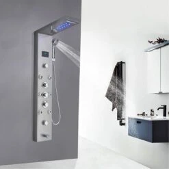 Shower Tower System Stainless Steel LED Rainfall Waterfall Shower Head LCD Display And Handheld Sprayer 8 Massage Jets Tub Spout,Brushed Nickel Finish -Bathroom Supplies Store 72218600 3