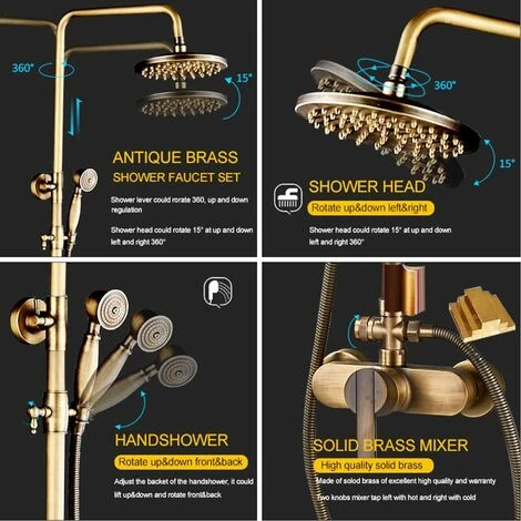 Antique Brass Bath Shower System Wall Mounted 8'' Rainfall Shower Head With Handheld Shower Sprayer Bathroom Mixer Single Handle Shower Tap 4 Antique Brass Bath Shower System Wall Mounted 8'' Rainfall Shower Head With Handheld Shower Sprayer Bathroom Mixer Single Handle Shower Tap - Image 2
