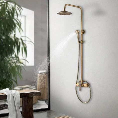 Antique Brass Bath Shower System Wall Mounted 8'' Rainfall Shower Head With Handheld Shower Sprayer Bathroom Mixer Single Handle Shower Tap 6 Antique Brass Bath Shower System Wall Mounted 8'' Rainfall Shower Head With Handheld Shower Sprayer Bathroom Mixer Single Handle Shower Tap - Image 4
