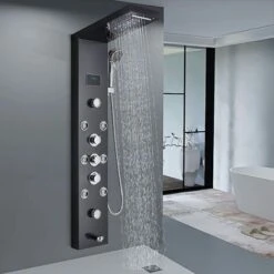 LED Shower Tower Panel Temperature Display Stainless Steel Handheld Sprayer Waterfall And Rainfall Shower Head Massage Jets Multi Function Black Bath Shower System