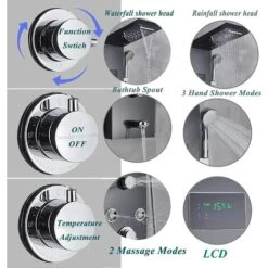 LED Shower Tower Panel Temperature Display Stainless Steel Handheld Sprayer Waterfall And Rainfall Shower Head Massage Jets Multi Function Black Bath Shower System -Bathroom Supplies Store 72218605 3