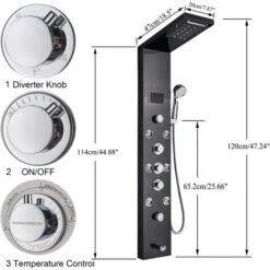 LED Shower Tower Panel Temperature Display Stainless Steel Handheld Sprayer Waterfall And Rainfall Shower Head Massage Jets Multi Function Black Bath Shower System -Bathroom Supplies Store 72218605 4