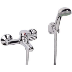 Single Lever Wall Mounted Bath Shower Mixer Tap With Hand Held Shower & Wall Bracket - Chrome