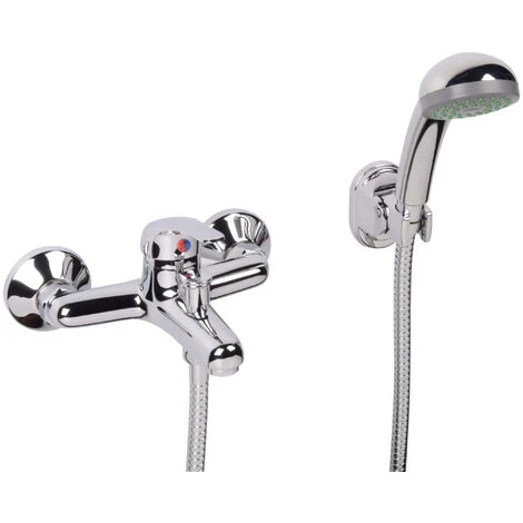 Single Lever Wall Mounted Bath Shower Mixer Tap With Hand Held Shower & Wall Bracket - Chrome 3 Single Lever Wall Mounted Bath Shower Mixer Tap With Hand Held Shower & Wall Bracket - Chrome