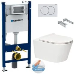 Geberit Toilet Set Duofix Cistern Frame 112cm + WC Rimless SAT Brevis + Ultra-thin Seat, Softclose + White Flush Plate (BrevisGeb3)