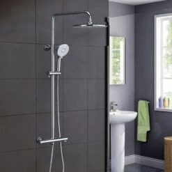 AICA Bathroom Thermostatic Mixer Shower Set Square Silver Twin Head Exposed Valve 255mm Round