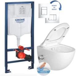 Grohe Toilet Set Rapid SL Support Frame + Rimless Toilet With Thermostatic Bidet Function + Chrome Plate (RapidSL-SATClean-1)